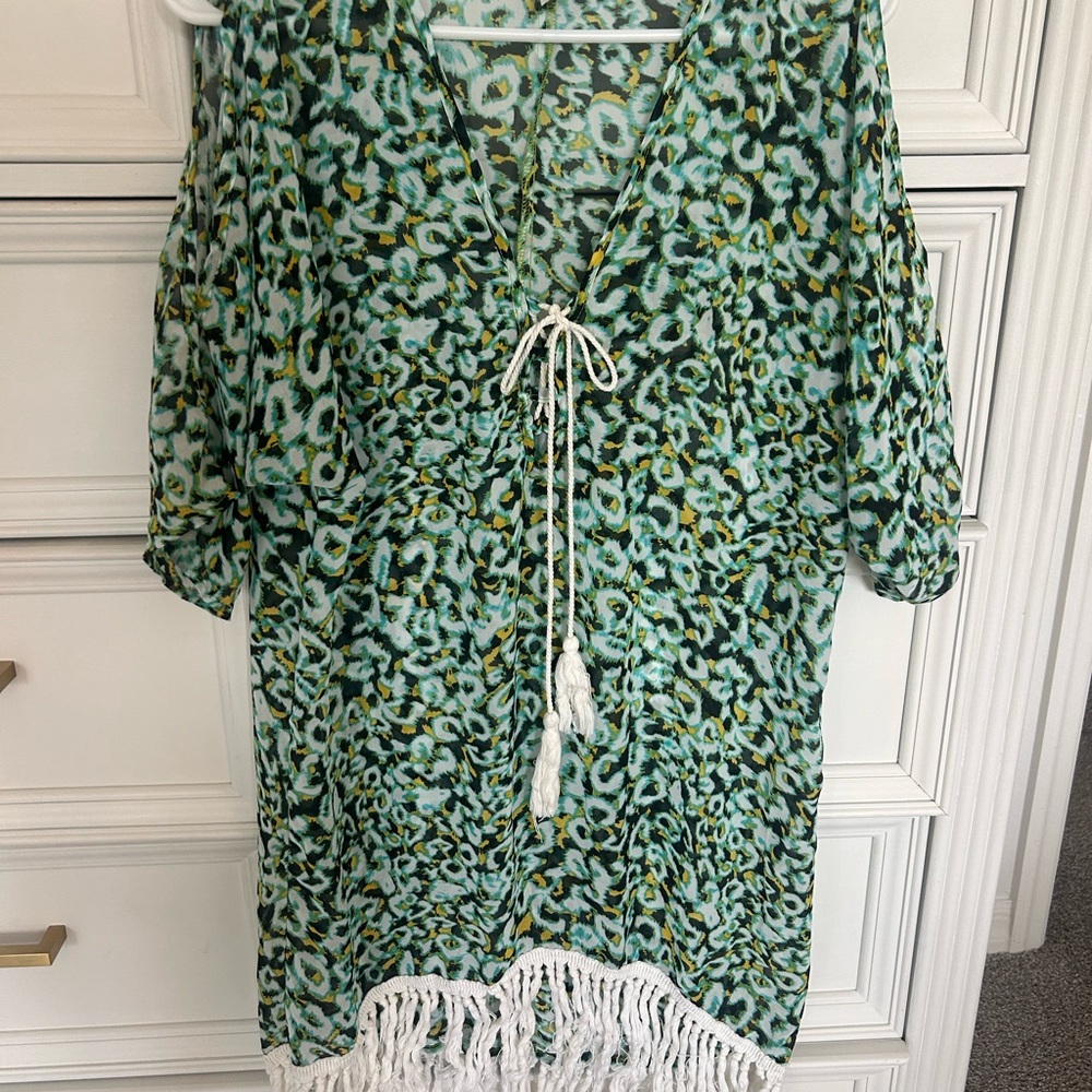 Mint Green and White Swim Coverup with Tassel Hem